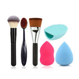 FantasyDay 3 Pcs Foundation Blending Blush Eye Face Powder Brush Makeup Brush Kit + 2 Beauty Cosmetics Sponge Blender + 1 Makeup Brush Finger Glove Silicone Scrubber Cleaning Brush Egg