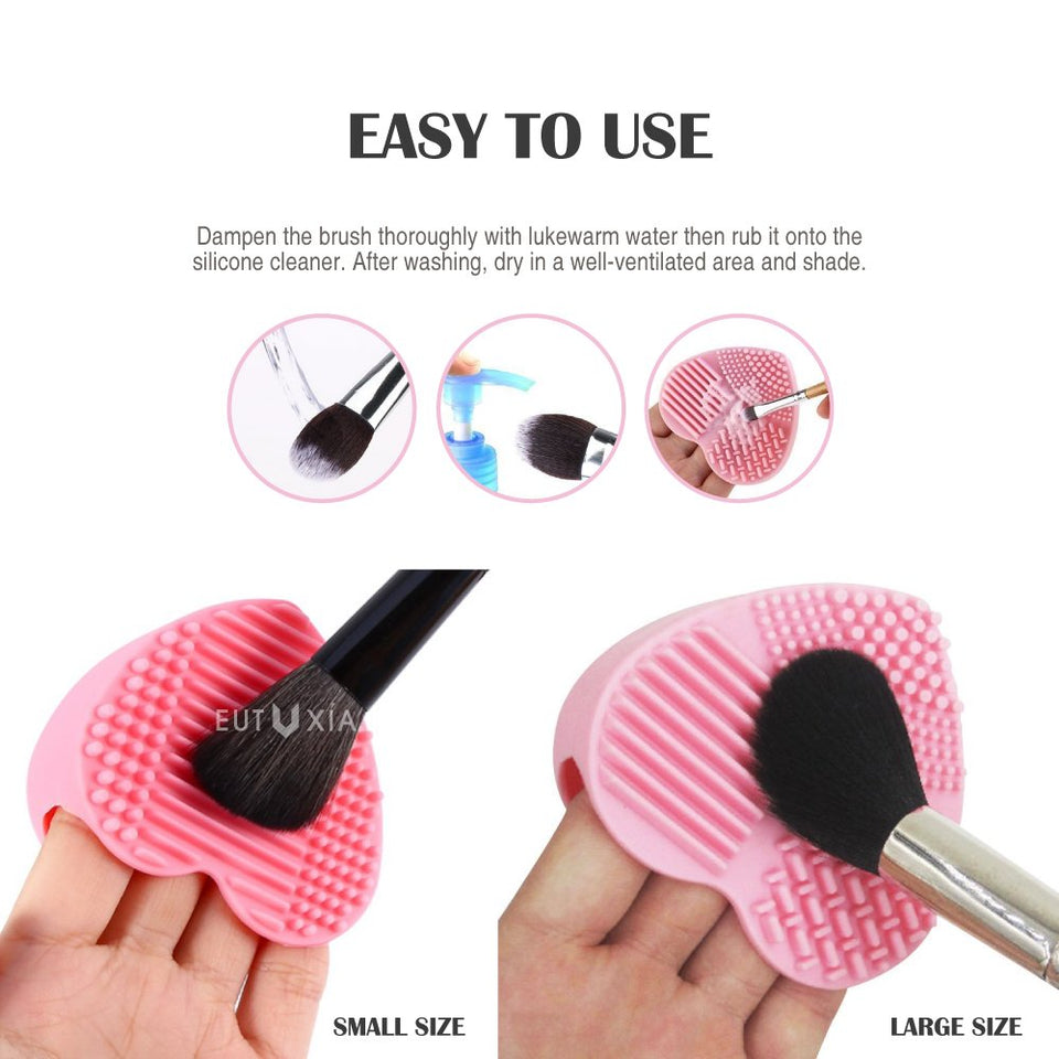 Eutuxia Makeup Brush Cleaner & Holder. Silicone Finger Glove. Portable Scrubber Tool for Cleaning Cosmetic Brushes & Beauty Blenders. Heart Scrubbing Board, Pad with Organizer. Small & Large Bundle.