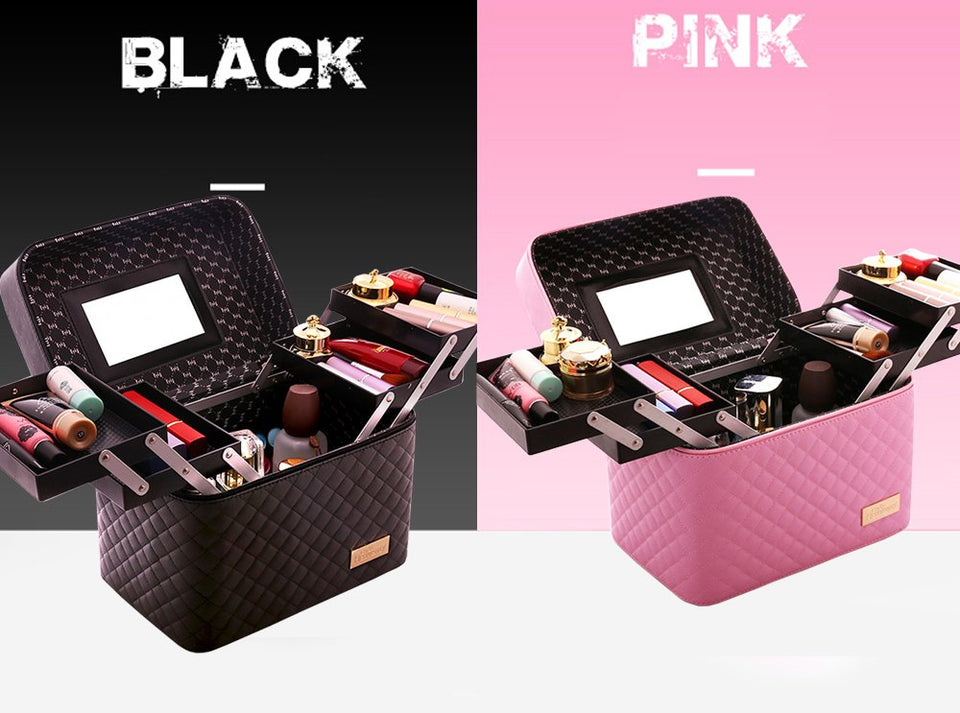 Sooyee Multifunction Travel Cosmetic Bag with Mirror, 4 Layer Drawers Foldable Tray Open to The Sides,Black Portable Train Makeup Organizer Case, Earrings and Necklace Storage Display Box