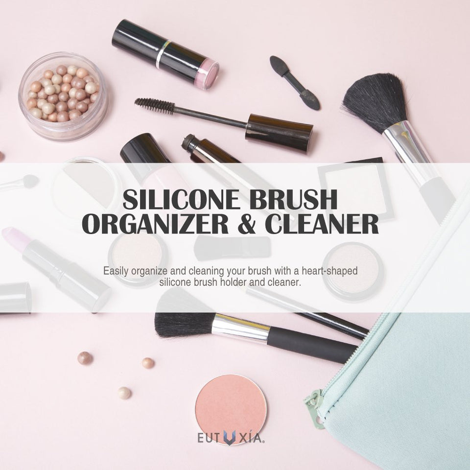 Eutuxia Makeup Brush Cleaner & Holder. Silicone Finger Glove. Portable Scrubber Tool for Cleaning Cosmetic Brushes & Beauty Blenders. Heart Scrubbing Board, Pad with Organizer. Small & Large Bundle.