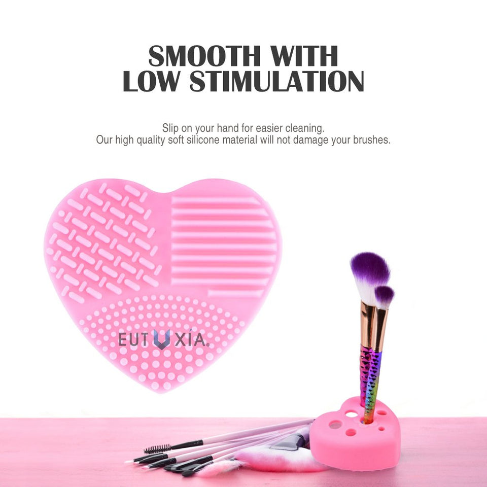 Eutuxia Makeup Brush Cleaner & Holder. Silicone Finger Glove. Portable Scrubber Tool for Cleaning Cosmetic Brushes & Beauty Blenders. Heart Scrubbing Board, Pad with Organizer. Small & Large Bundle.