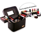 Sooyee Multifunction Travel Cosmetic Bag with Mirror, 4 Layer Drawers Foldable Tray Open to The Sides,Black Portable Train Makeup Organizer Case, Earrings and Necklace Storage Display Box