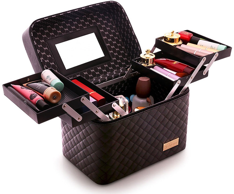 Sooyee Multifunction Travel Cosmetic Bag with Mirror, 4 Layer Drawers Foldable Tray Open to The Sides,Black Portable Train Makeup Organizer Case, Earrings and Necklace Storage Display Box