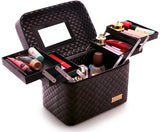 Sooyee Multifunction Travel Cosmetic Bag with Mirror, 4 Layer Drawers Foldable Tray Open to The Sides,Black Portable Train Makeup Organizer Case, Earrings and Necklace Storage Display Box
