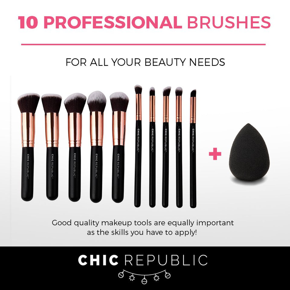 10 Piece Kabuki Contouring Makeup Brush Set with Beauty Sponge Blender, Rose Gold