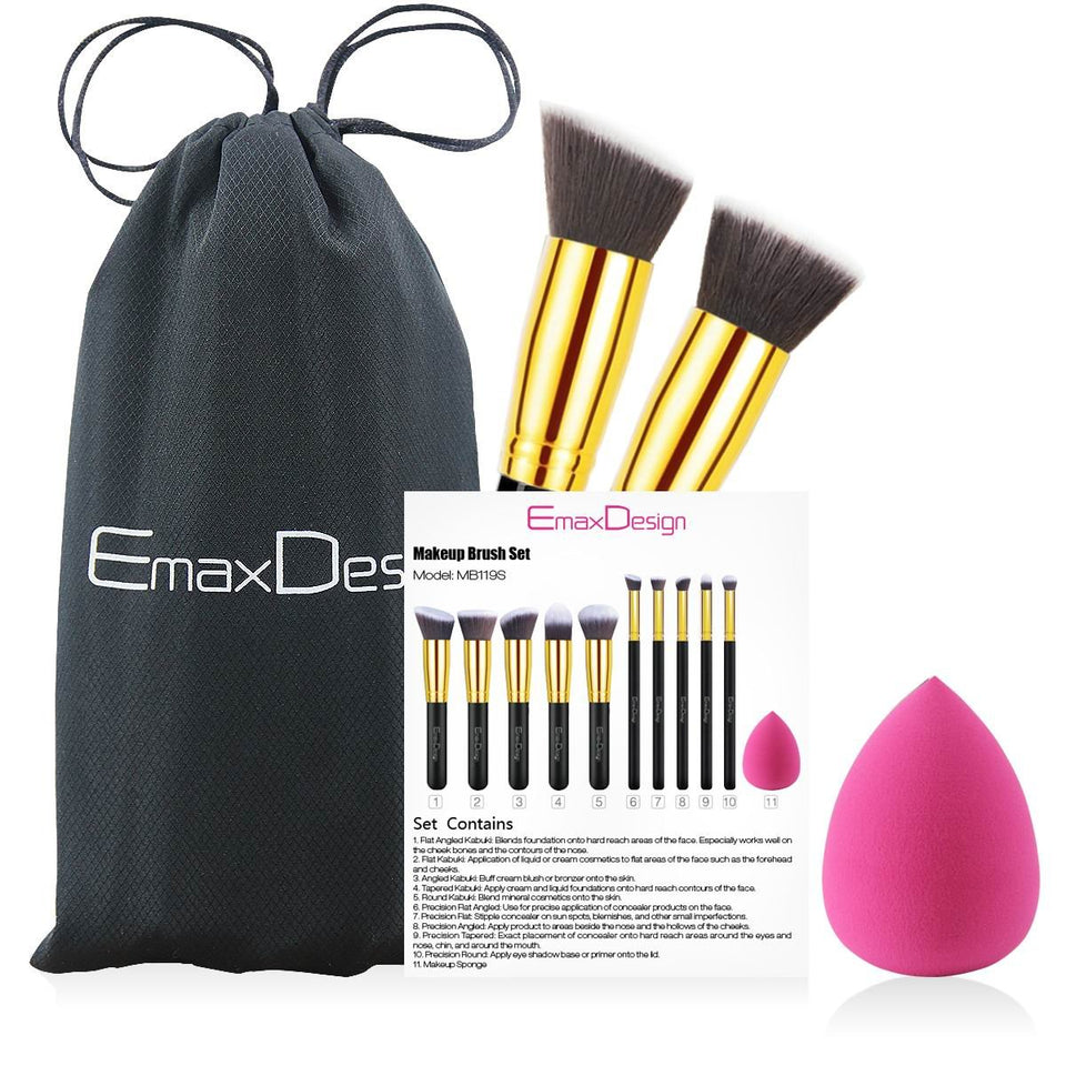 EmaxDesign 10+1 Pieces Makeup Brush Set, 10 Pieces Professional Foundation Blending Blush Eye Face Liquid Powder Cream Cosmetics Brushes & 1 Piece Rose Red Beauty Sponge Blender