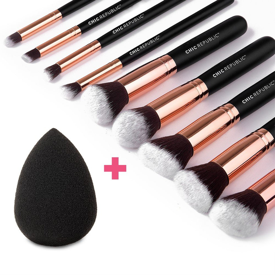 10 Piece Kabuki Contouring Makeup Brush Set with Beauty Sponge Blender, Rose Gold