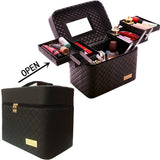 Sooyee Multifunction Travel Cosmetic Bag with Mirror, 4 Layer Drawers Foldable Tray Open to The Sides,Black Portable Train Makeup Organizer Case, Earrings and Necklace Storage Display Box