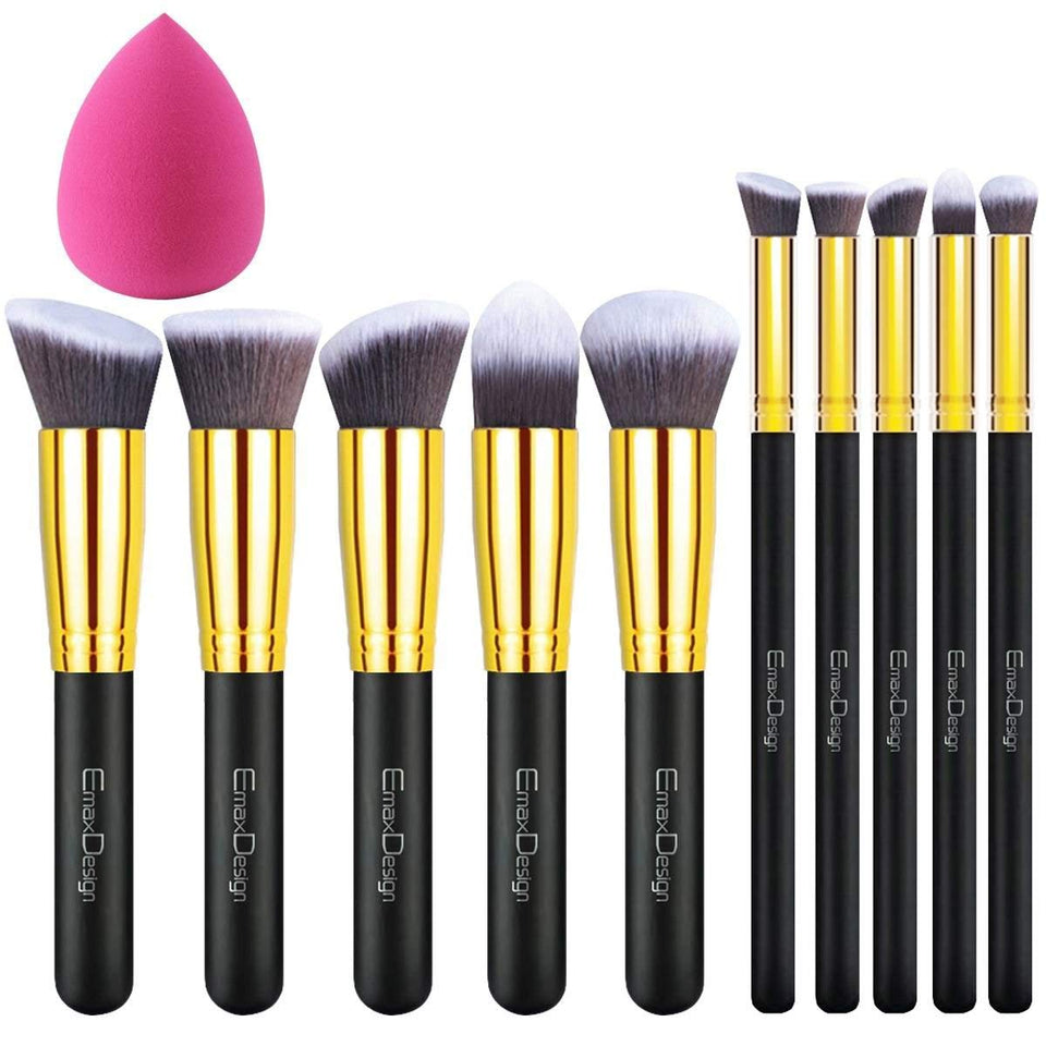 EmaxDesign 10+1 Pieces Makeup Brush Set, 10 Pieces Professional Foundation Blending Blush Eye Face Liquid Powder Cream Cosmetics Brushes & 1 Piece Rose Red Beauty Sponge Blender