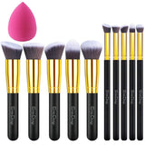 EmaxDesign 10+1 Pieces Makeup Brush Set, 10 Pieces Professional Foundation Blending Blush Eye Face Liquid Powder Cream Cosmetics Brushes & 1 Piece Rose Red Beauty Sponge Blender