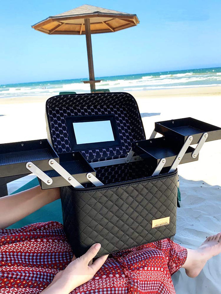 Sooyee Multifunction Travel Cosmetic Bag with Mirror, 4 Layer Drawers Foldable Tray Open to The Sides,Black Portable Train Makeup Organizer Case, Earrings and Necklace Storage Display Box