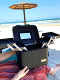 Sooyee Multifunction Travel Cosmetic Bag with Mirror, 4 Layer Drawers Foldable Tray Open to The Sides,Black Portable Train Makeup Organizer Case, Earrings and Necklace Storage Display Box