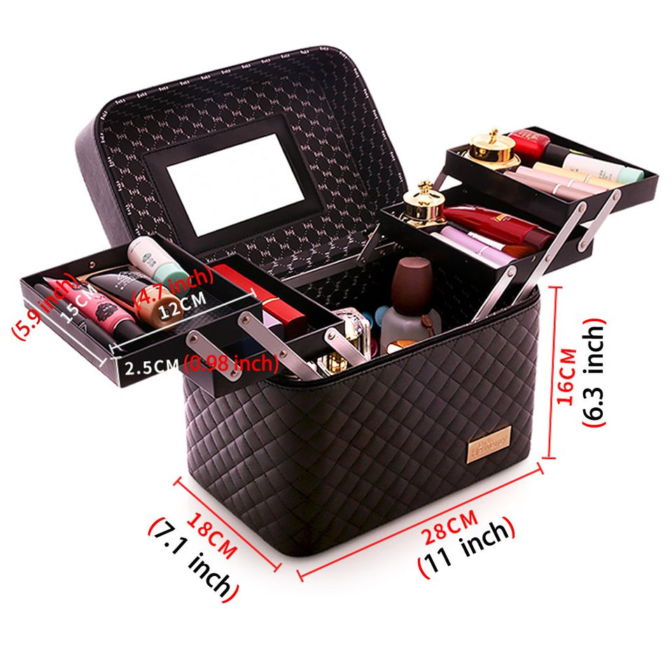 Sooyee Multifunction Travel Cosmetic Bag with Mirror, 4 Layer Drawers Foldable Tray Open to The Sides,Black Portable Train Makeup Organizer Case, Earrings and Necklace Storage Display Box