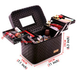 Sooyee Multifunction Travel Cosmetic Bag with Mirror, 4 Layer Drawers Foldable Tray Open to The Sides,Black Portable Train Makeup Organizer Case, Earrings and Necklace Storage Display Box
