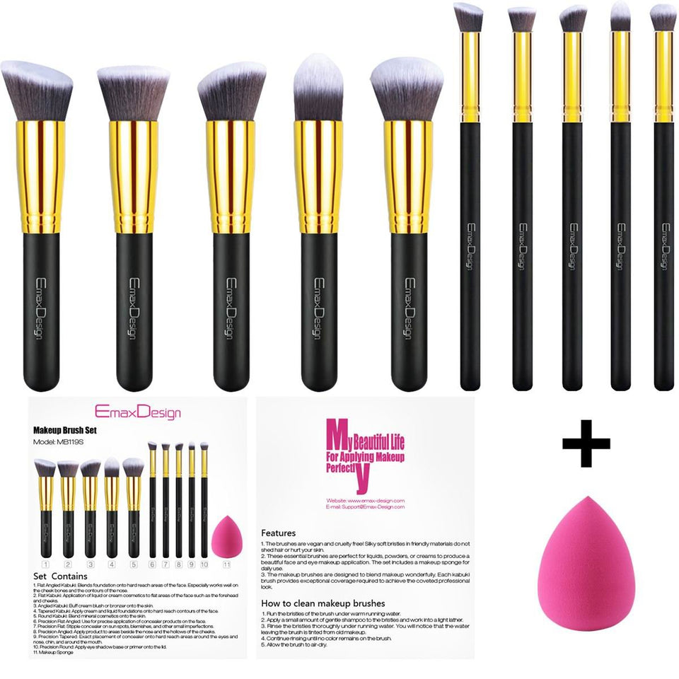 EmaxDesign 10+1 Pieces Makeup Brush Set, 10 Pieces Professional Foundation Blending Blush Eye Face Liquid Powder Cream Cosmetics Brushes & 1 Piece Rose Red Beauty Sponge Blender