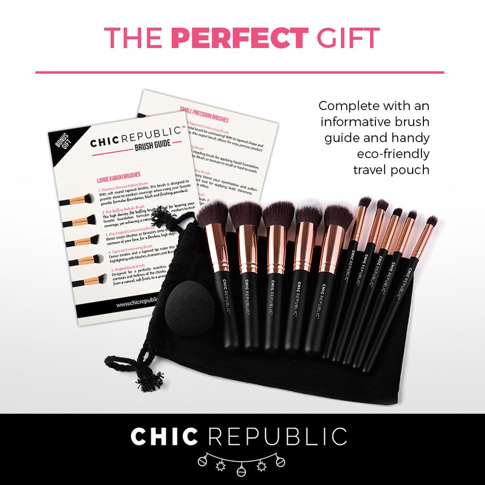 10 Piece Kabuki Contouring Makeup Brush Set with Beauty Sponge Blender, Rose Gold